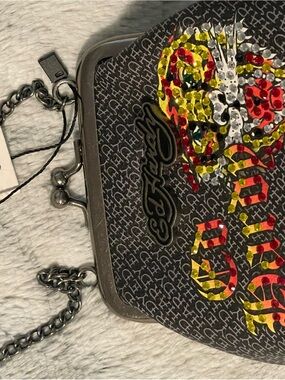 Ed Hardy Black Rhinestone Skull Frame Clutch with Multicolor Accents